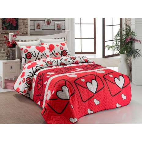 Set cuvertura matlasata 200x220cm+ 2 fete perna 50x70cm Lovestory - Red