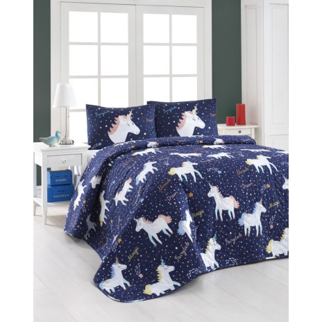 Set cuvertura matlasata 200x220cm+ 2 fete perna 50x70cm Magic Unicorn - Dark Blue