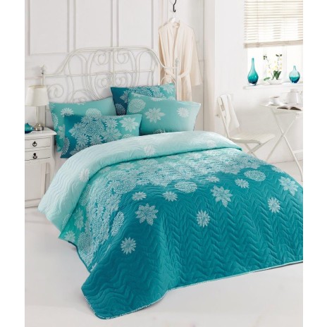 Set cuvertura matlasata 200x220cm+ 2 fete perna 50x70cm Simay - Turquoise