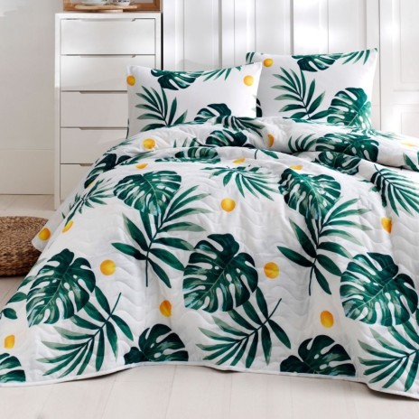Set cuvertura matlasata 200x220 cm + 2 fete perna cu frunze tropicale Monstera
