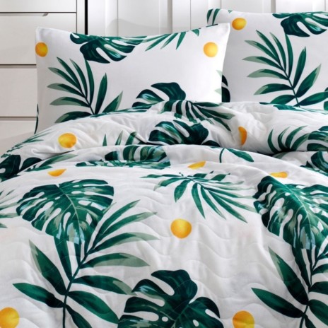 Set cuvertura matlasata 200x220 cm + 2 fete perna cu frunze tropicale Monstera