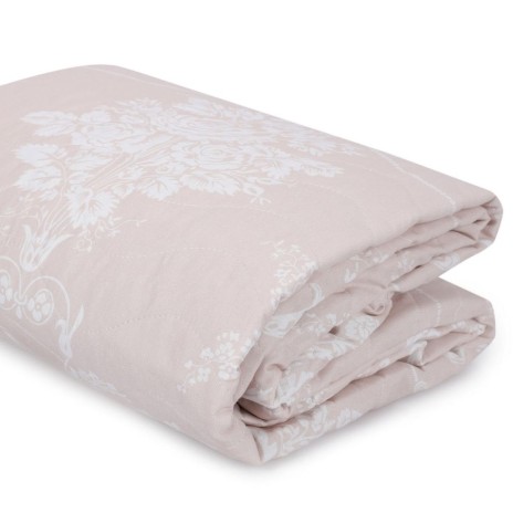 Set cuvertura matlasata 200x220 cm + 2 fete perna cu model floral alb pe fundal Bej