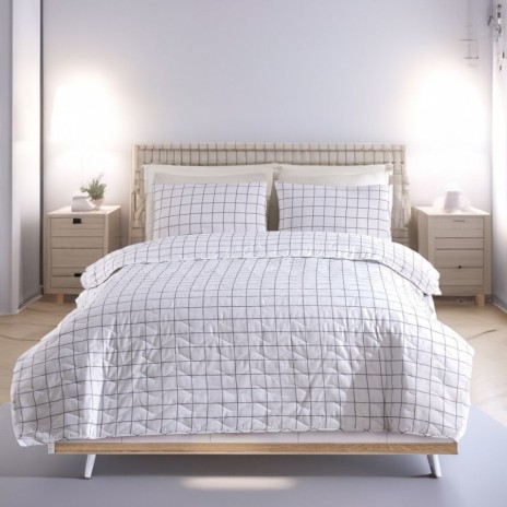 Set cuvertura matlasata 200x220 cm + 2 fete perna cu patrate alb cu gri