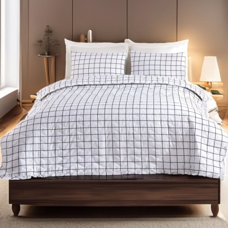 Set cuvertura matlasata 200x220 cm + 2 fete perna cu patrate alb cu negru