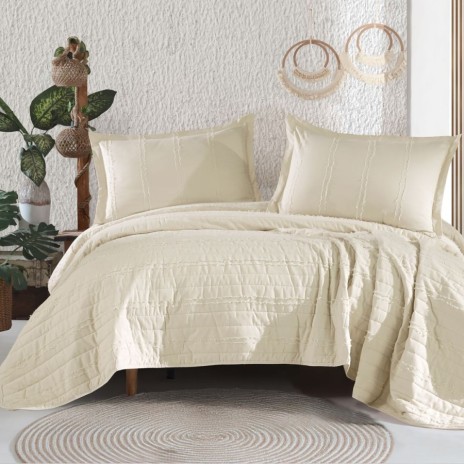 Set de cuvertura matlasata crem bumbac 100% Avola V6 cu 2 fete de perna