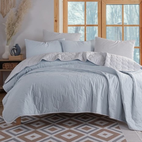 Set cuvertura matlasata 200x220 cm + 2 fete perna Solid Gri/bleu, reversibila