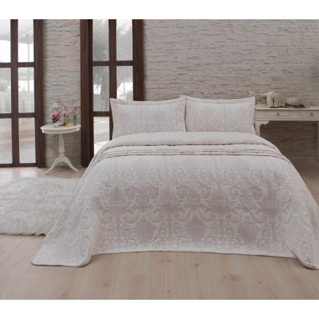 Set de lux cuvertura jaquard 260x260cm + 2 fete perna 60x80cm Pastoral Pudra