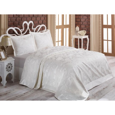 Set de lux cuvertura jaquard 240x260cm + 2 fete perna 50x70cm, Sal Krem