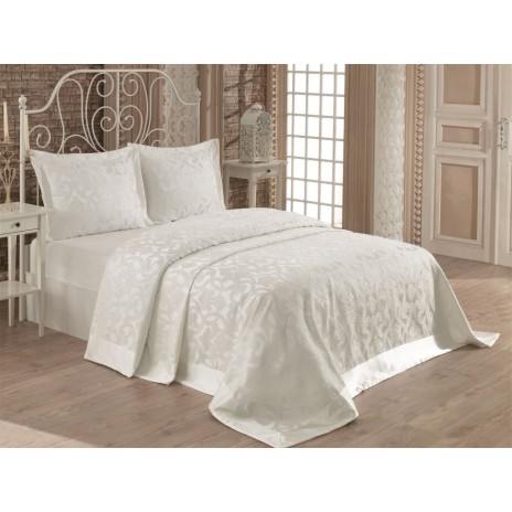 Set de lux cuvertura jaquard 240x260cm + 2 fete perna 50x70cm - ALONA Cream