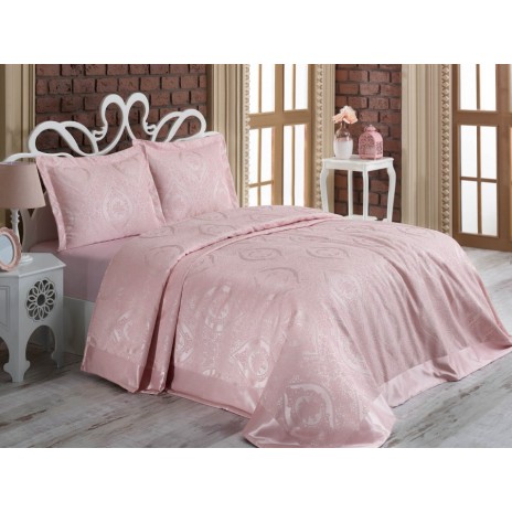 Set de lux cuvertura jaquard 240x260cm + 2 fete perna 50x70cm Rose Pudra v2