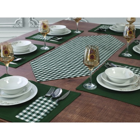Set de masa Moena cu napron si 6 servete, design verde carouri