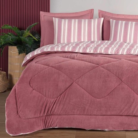 Set dormit pilota iarna 1 persoana Soft Line roz prafuit fata catifelata