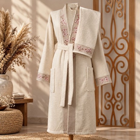Halat de baie ecru marimea S si prosop 50x90 cm, bumbac 100%, broderie flori de cires roz, Arliva Home