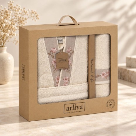 Set Arliva Home cu halat de baie marimea XL si prosop 50x90 cm, bej natural, cu broderie flori de cires roz