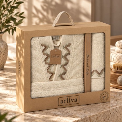 Set Arliva Home cu halat de baie marimea XL si prosop 50x90 cm, bej natural, cu broderie zig-zag maro si verde