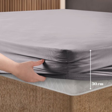 Set husa de pat cu elastic si 2 fete de perna, bumbac ranforce, lila 140x200 cm, potrivita pentru saltele de pana la 30 cm inaltime