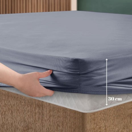 Set husa de pat cu elastic si 2 fete de perna, bumbac ranforce, albastru, 180x200 cm, potrivita pentru saltele de pana la 30 cm inaltime