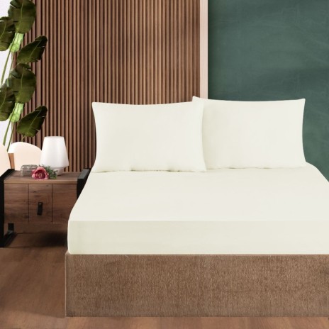 Set husa de pat cu elastic si 2 fete de perna, bumbac ranforce, crem, 180x200 cm, potrivita pentru saltele de pana la 30 cm inaltime
