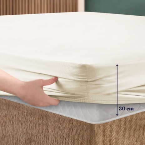 Set husa de pat cu elastic si 2 fete de perna, bumbac ranforce, crem, 180x200 cm, potrivita pentru saltele de pana la 30 cm inaltime