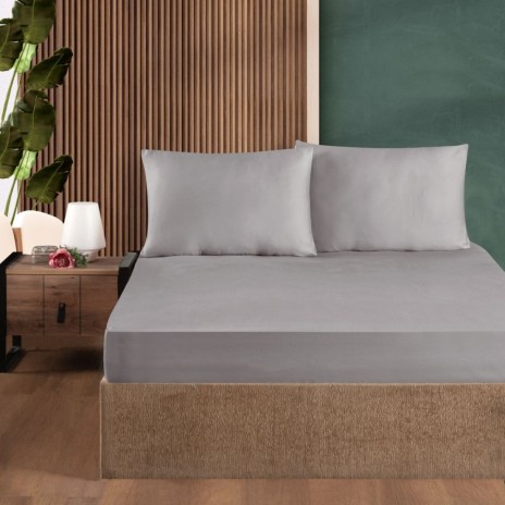 Set husa de pat cu elastic si 2 fete de perna, bumbac ranforce, gri, 180x200 cm, potrivita pentru saltele de pana la 30 cm inaltime