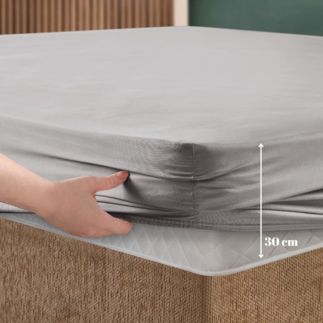 Set husa de pat cu elastic si 2 fete de perna, bumbac ranforce, gri, 180x200 cm, potrivita pentru saltele de pana la 30 cm inaltime
