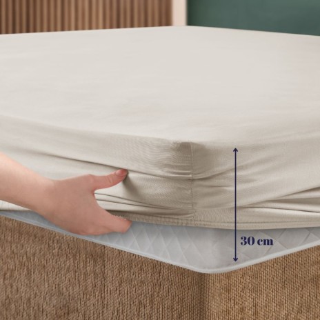 Set husa de pat cu elastic si 2 fete de perna, bumbac ranforce, bej, 200x200 cm, potrivita pentru saltele de pana la 30 cm inaltime