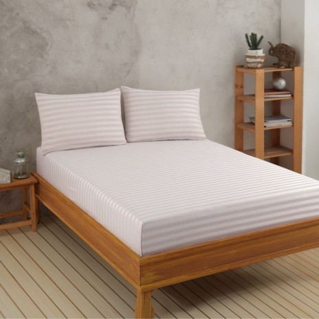 Set husa de pat cu elastic si 2 fete perna, bumbac poliester, 160x200cm, bej cu dungi