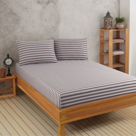 Set husa de pat cu elastic si 2 fete perna, bumbac poliester, 160x200cm, maro cu dungi