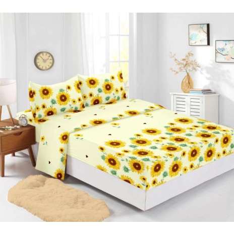 Set husa de pat din finet + 2 fete de perna pentru saltea de 140x200cm, Floarea Soarelui