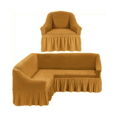 Set huse elastice din material creponat cu volan pentru colțar și fotoliu