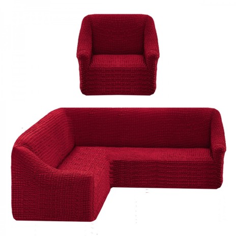Set huse elastice din material creponat, culoare bordo, pentru colțar și fotoliu