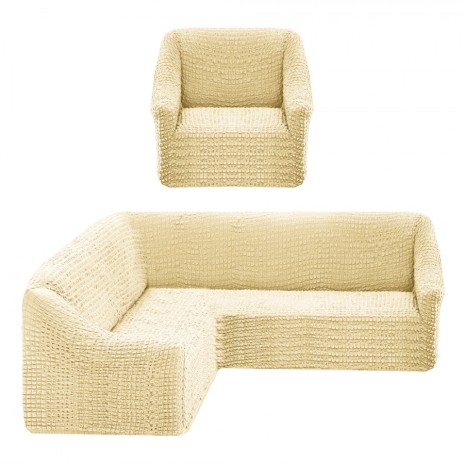 Set Husa elastica din material creponat, pentru coltar + fotoliu, Ecru