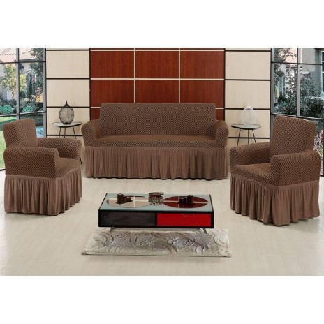 Set huse elastice bumbac maro închis pentru canapea 3 locuri și 2 fotolii cu volan