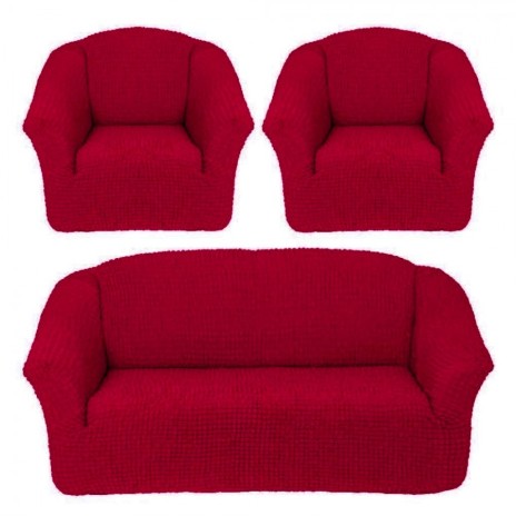 Set Husa elastica pentru canapea 3 locuri si 2 fotolii, material creponat, Bordo
