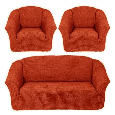 Set Husa elastica pentru canapea 3 locuri si 2 fotolii, material creponat, Caramiziu