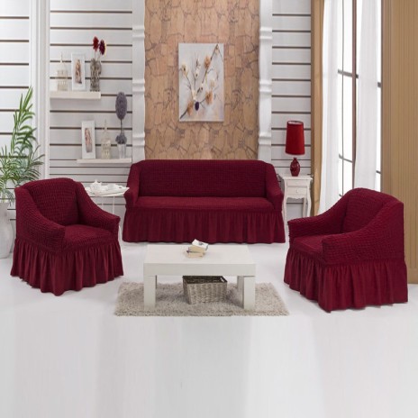 Set Husa elastica pentru canapea 3 locuri si 2 fotolii, material creponat, cu volan, bordo(6055)