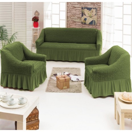 Set Husa elastica pentru canapea 3 locuri si 2 fotolii, material creponat, cu volan, verde(6016)