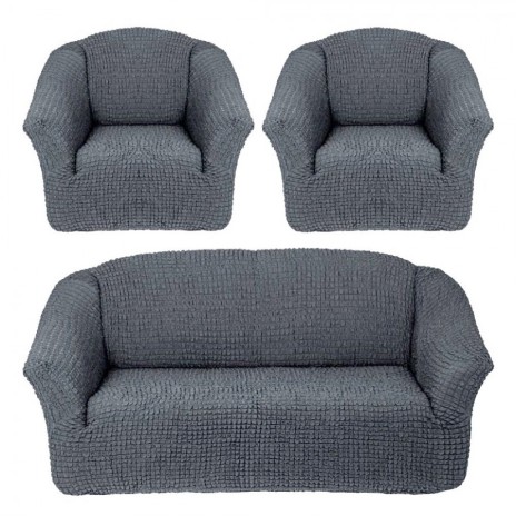 Set Husa elastica pentru canapea 3 locuri si 2 fotolii, material creponat, Gri Antracit