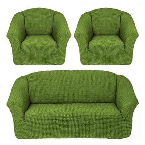 Set Husa elastica pentru canapea 3 locuri si 2 fotolii, material creponat, Verde