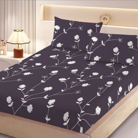 Set husa pat finet 160x200 cm cu elastic flori albe si 2 fete de perna asortate, fabricat in Romania