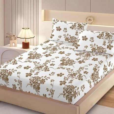 Set husa pat finet 160x200 cm cu elastic flori bej si 2 fete de perna asortate, fabricat in Romania