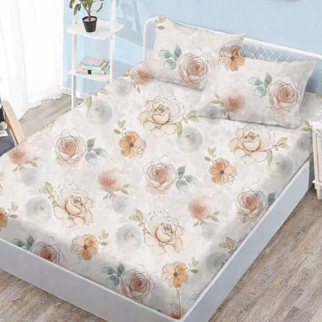 Set husa pat finet 160x200 cm cu elastic model floral bej piersiciu si 2 fete de perna