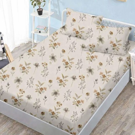 Set husa pat finet 160x200 cm cu elastic model floral natural bej si 2 fete de perna