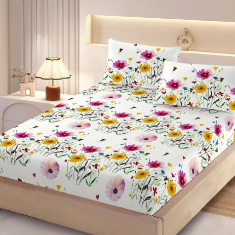 Set husa pat finet 160x200 cm cu elastic flori de camp colorate si 2 fete de perna asortate, fabricat in Romania