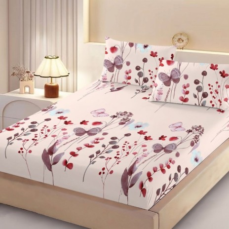 Set husa pat finet 160x200 cm cu elastic flori și fluturi mov si 2 fete de perna asortate, fabricat in Romania