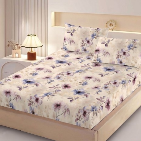Set husa pat finet 160x200 cm cu elastic cu flori mov bleu si 2 fete de perna asortate, fabricat in Romania