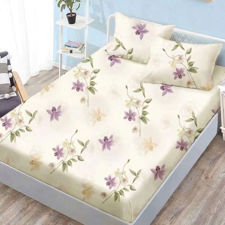 Set husa pat finet 160x200 cm cu elastic model floral mov si 2 fete de perna