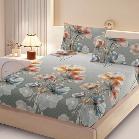 Set husa pat finet 160x200 cm cu elastic flori multicolore si 2 fete de perna asortate, fabricat in Romania