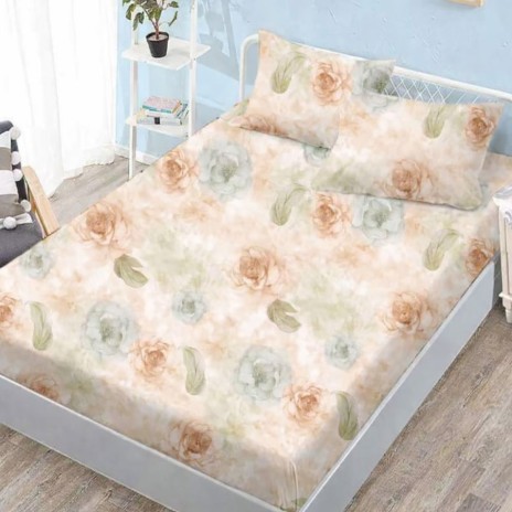 Set husa pat finet 160x200 cm cu elastic model floral pastel si 2 fete de perna