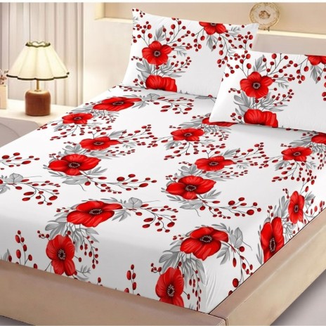 Set husa pat finet 160x200 cm cu elastic cu flori rosii si 2 fete de perna asortate, fabricat in Romania